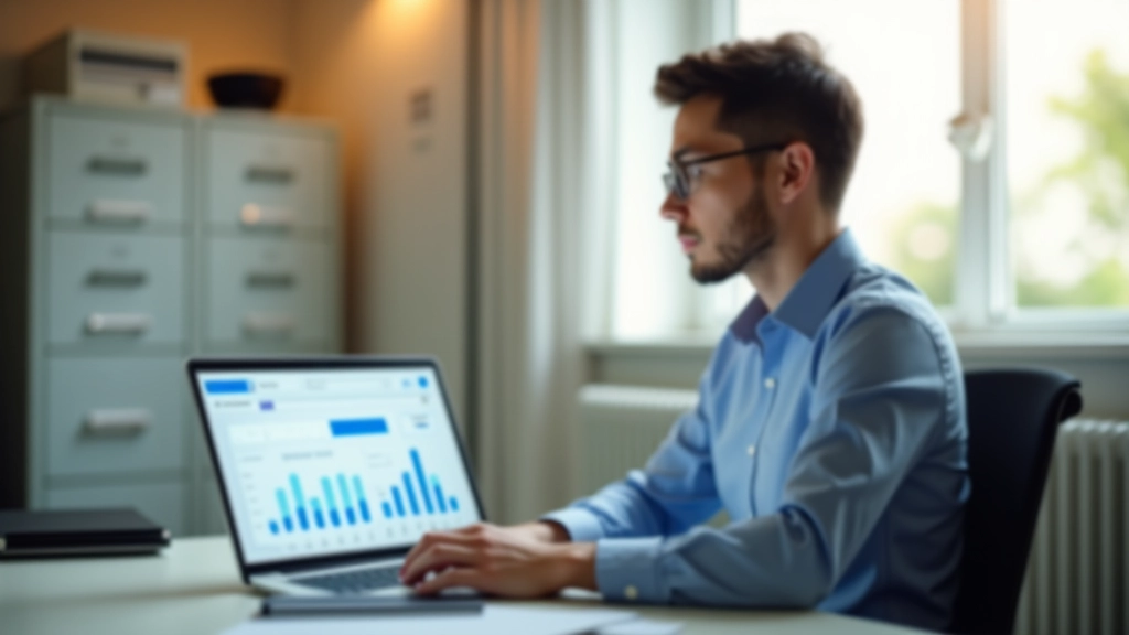 Accountant working at organized desk with accounting software displayed on monitor showing financial dashboards and reports