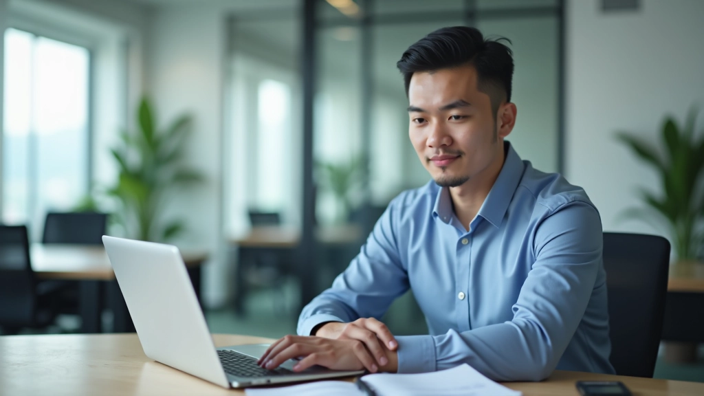 Professional accountant working with financial spreadsheets and reports on computer, organized desk with documents and calculator in clean office environment