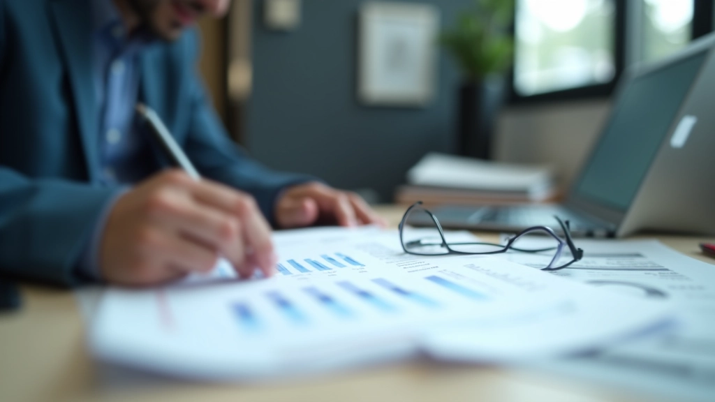 Accountant reviewing financial statements and spreadsheets at desk with computer