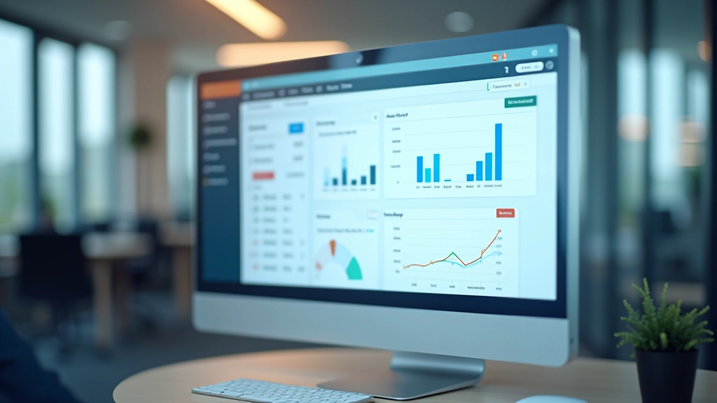 Computer monitor displaying accounting software dashboard with categorized expense breakdown in pie chart and list format