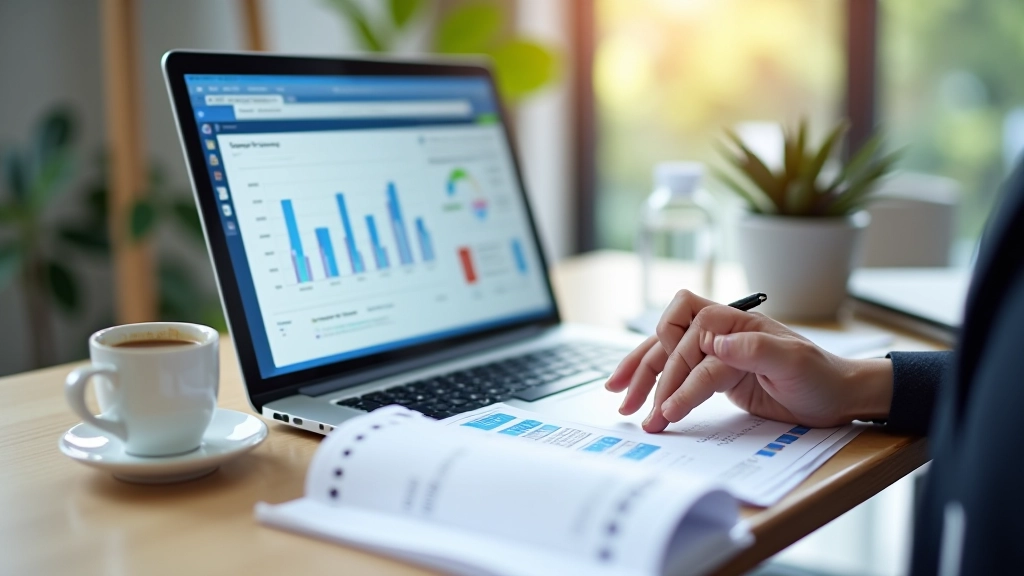 Close-up of accountant hands working on laptop keyboard with accounting software interface visible on screen