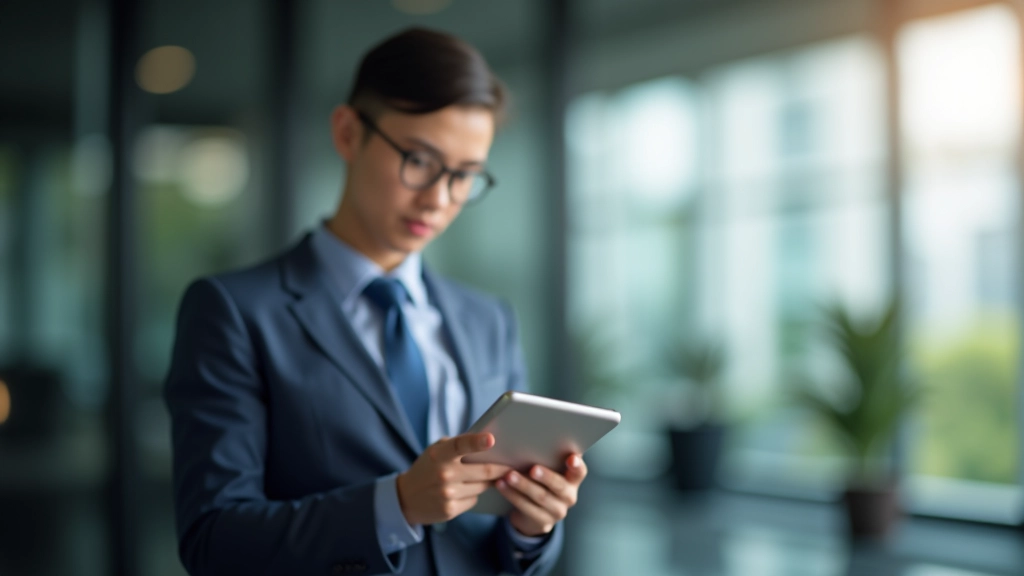 Malaysian business owner reviewing online accounting reports on tablet in office setting