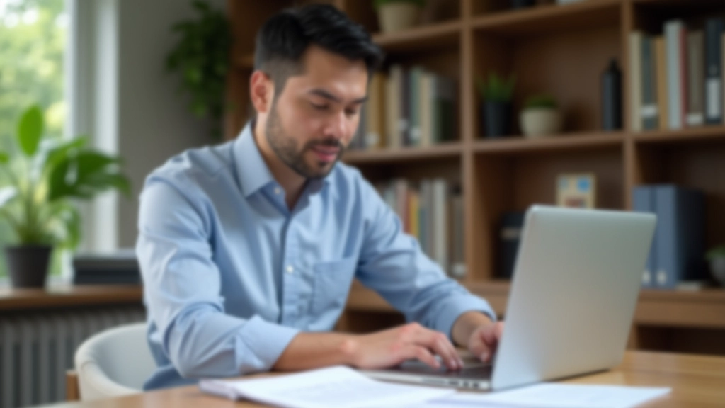 Malaysian business owner reviewing compliance documents and tax filing information at desk with organized files and computer showing accounting reports