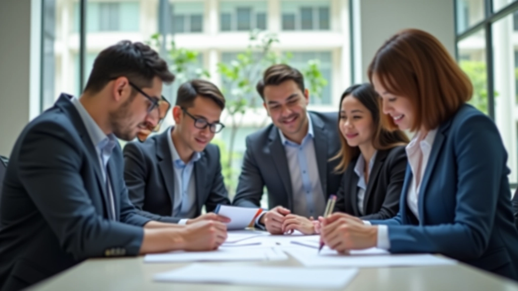 Team of accountants in modern office reviewing financial reports and discussing accounting strategy at meeting table