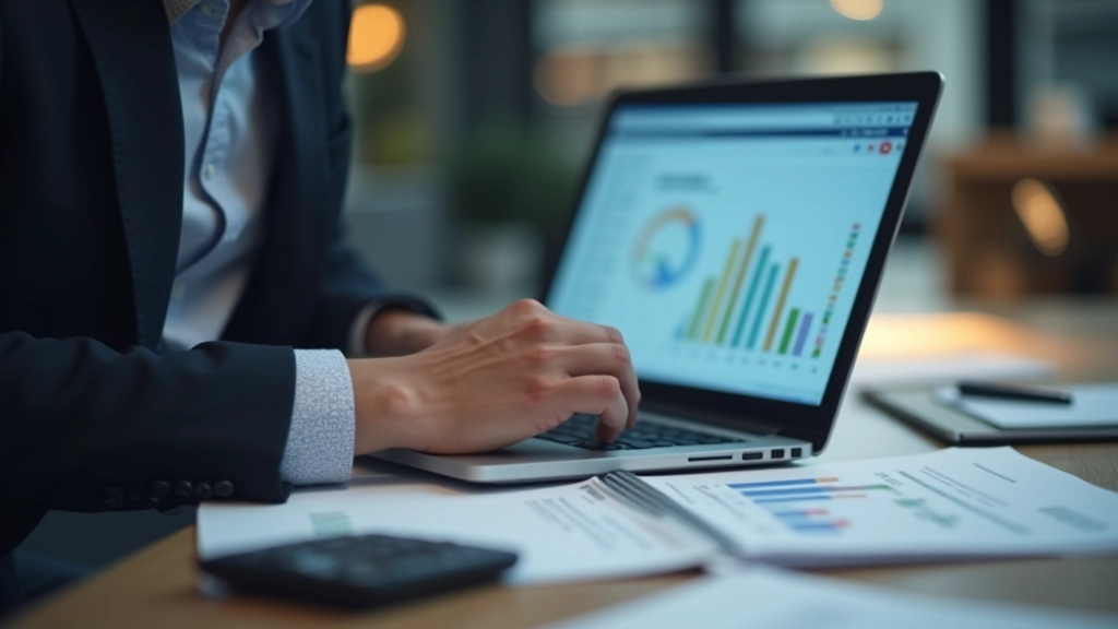 Hands typing on laptop keyboard with financial dashboard and accounting software interface displayed on computer monitor, organized workspace with financial documents visible