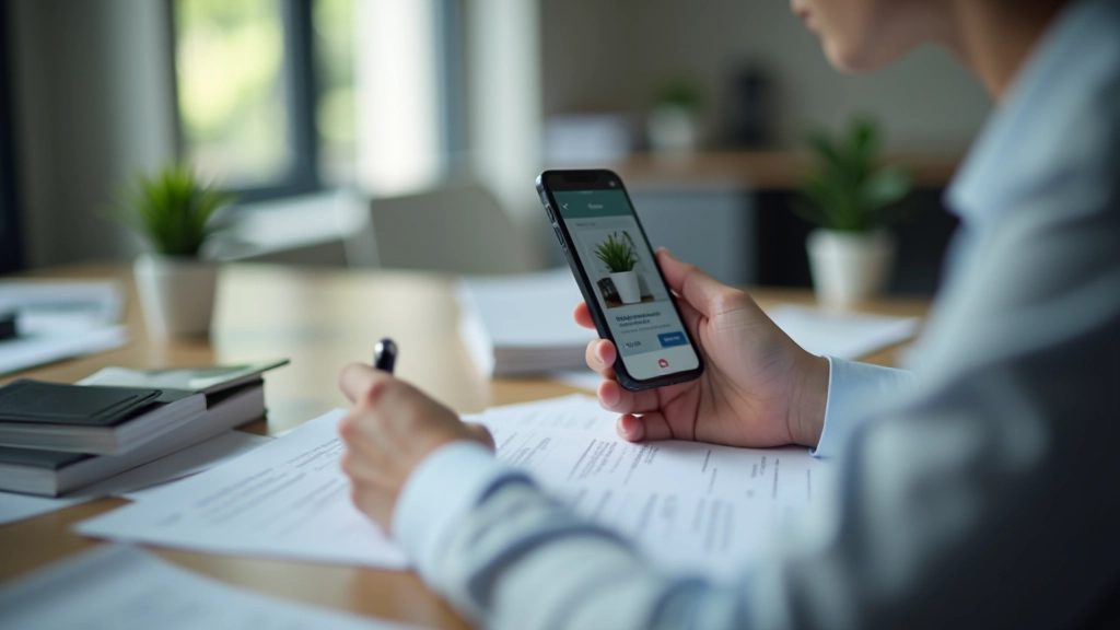 Person holding smartphone photographing receipt, desk with organized business documents and laptop in background