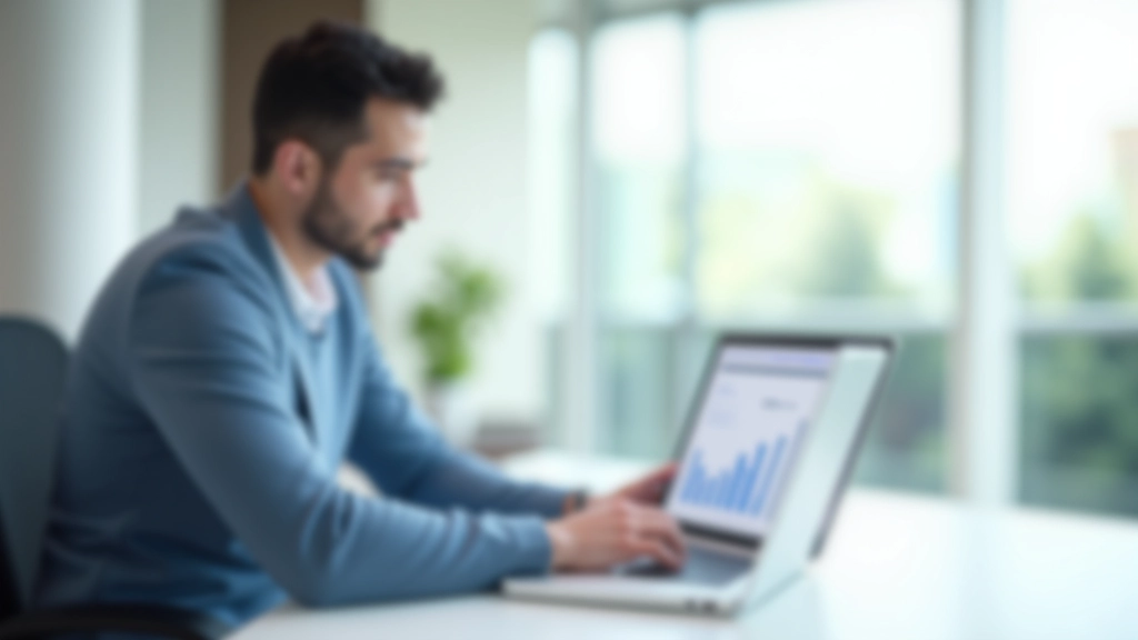 Person working on laptop at modern desk with organized financial workspace showing accounting software