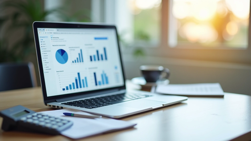 Modern accounting workspace with laptop showing financial dashboard and notebook with calculations